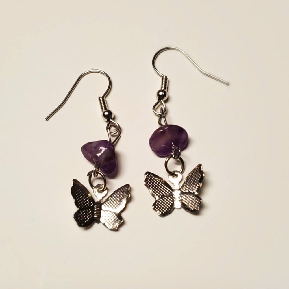 Amethyst stone and butterfly earrings